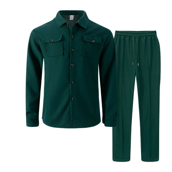 HAiming Cargo Shirt 2 Piece Sets for Men Button down Tops and Wide Leg Pants Solid Color Outfits Trendy Clothes