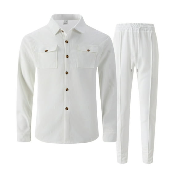 HAiming Cargo Shirt 2 Piece Sets for Men Button down Tops and Wide Leg Pants Solid Color Outfits Trendy Clothes