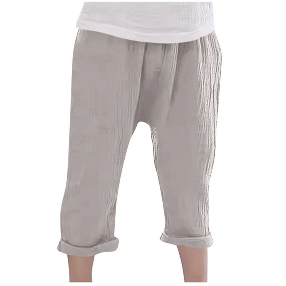HAiming Children Boys Girls Cotton Linen Cropped Pants Summer Casual Elastic Waist Lightweight Breathable Long Trouser