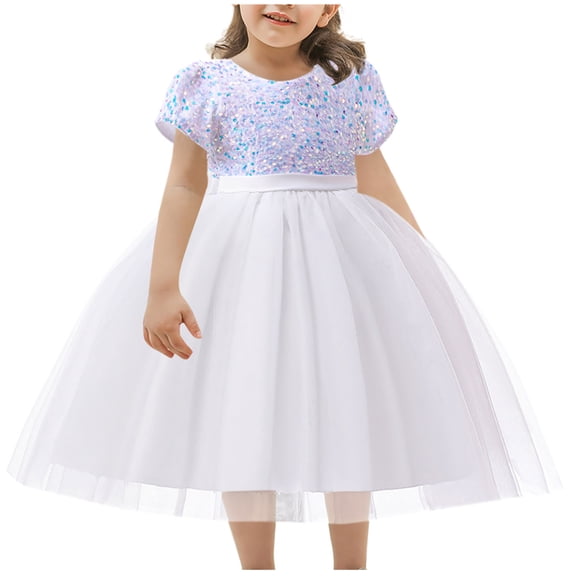 HAiming Children's Sequin Dress Flower Girl Short Sleeve Round Neck Pleated A-Lined Princess Dress Wedding Gown