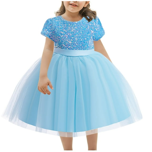 HAiming Children's Sequin Dress Flower Girl Short Sleeve Round Neck Pleated A-Lined Princess Dress Wedding Gown