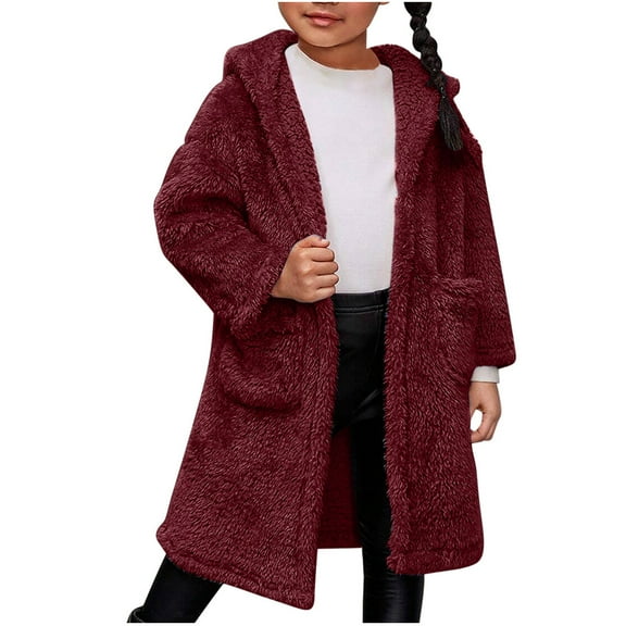 HAiming Childrens Girls Fuzzy Fleece Jacket Long Sleeve Button down Hooded Coat Winter Casual Warm Outwear with Pocket