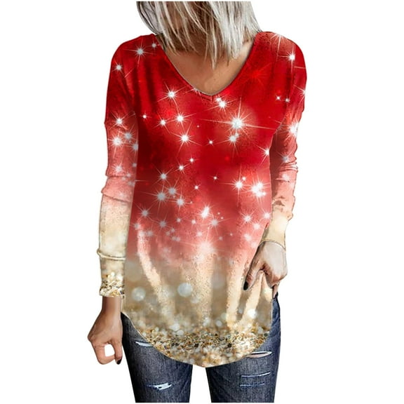 HAiming Christmas Crewneck Shirts for Women Trendy Printed Long Sleeve Pullover Tunic Tops Fall Casual Loose Blouse