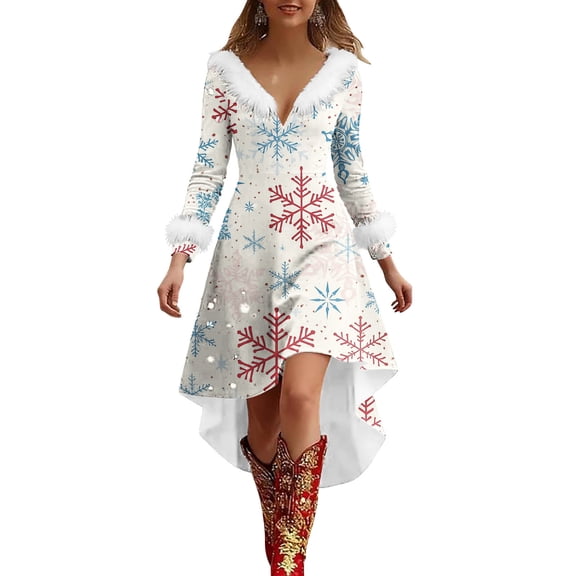 HAiming Christmas Dresses for Women V Neck Fuzzy Long Sleeve Xmas Printed Cocktail Party Holiday Dress