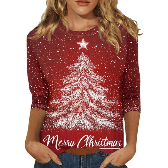 HAiming Christmas Long Sleeve Shirts for Women Printed Crewneck Pullover Tops Fall Winter Plus Size Casual Loose Blouse