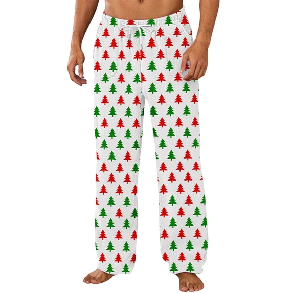 HAiming Christmas Loungewear Pants Printed Casual Straight Wide Leg Pajama Elastic Waist Drawstring Sleepwear