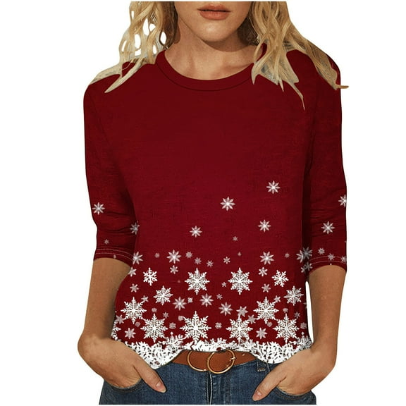 HAiming Christmas Shirts for Women Trendy Printed 3/4 Sleeve Crewneck Tunic Tops Plus Size Casual Loose Pullover Blouse