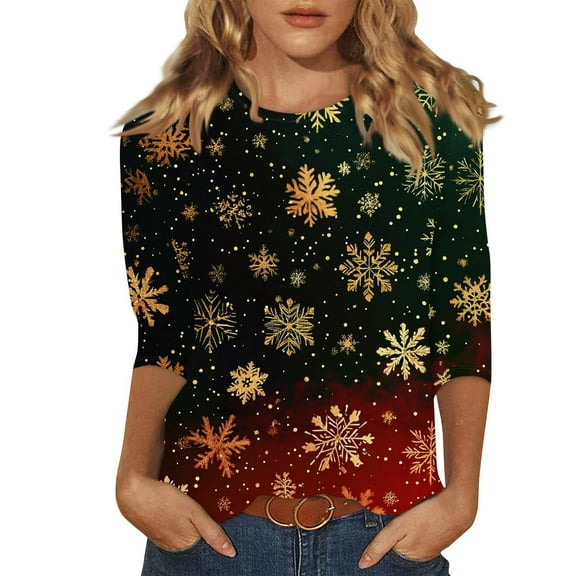 HAiming Christmas Shirts for Women Trendy Printed 3/4 Sleeve Crewneck Tunic Tops Plus Size Casual Loose Pullover Blouse