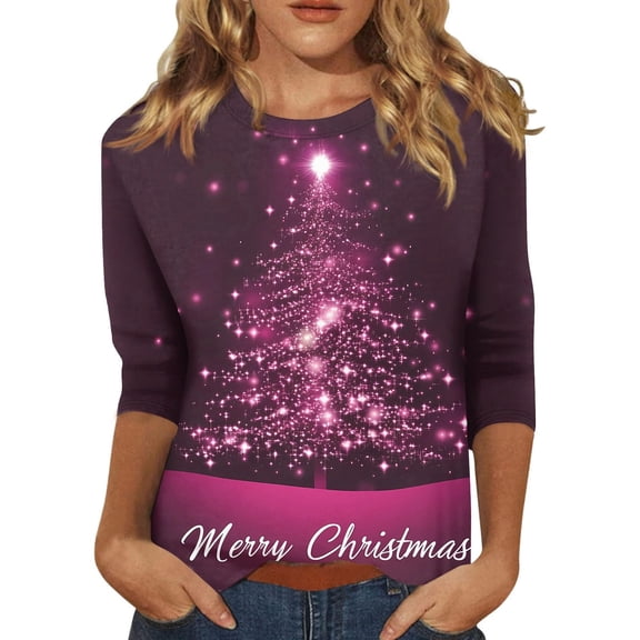 HAiming Christmas Shirts for Women Trendy Printed 3/4 Sleeve Crewneck Tunic Tops Plus Size Casual Loose Pullover Blouse