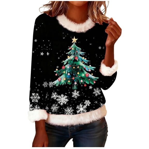HAiming Christmas Tops for Women Fleece Ugly Graphic Casaul Long Sleeve Crew Neck Winter Warm Trendy Tops
