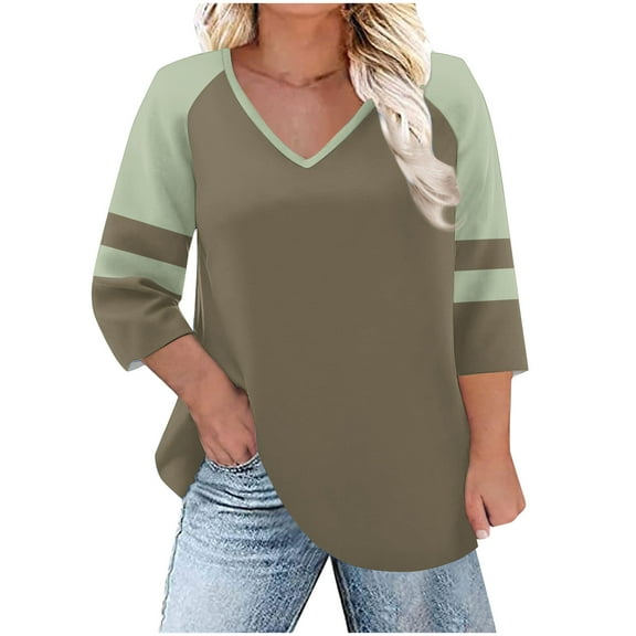 HAiming Color Block 3/4 Sleeve T-Shirt for Women V Neck Basic Tee Casual Trendy Clothes Pullover Tops
