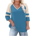 thumbnail image 1 of HAiming Color Block 3/4 Sleeve T-Shirt for Women V Neck Basic Tee Casual Trendy Clothes Pullover Tops, 1 of 6