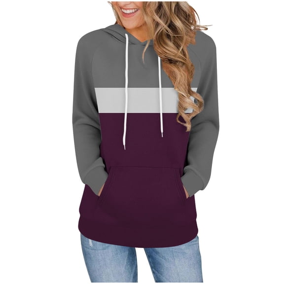 HAiming Color Block Hooded Sweatshirt for Women Casaul Long Sleeve Pullover Tops Hoodies with Pocket