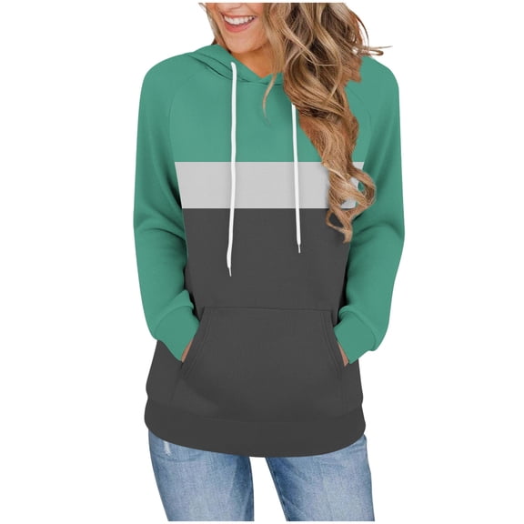 HAiming Color Block Hooded Sweatshirt for Women Casaul Long Sleeve Pullover Tops Hoodies with Pocket