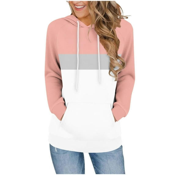 HAiming Color Block Hooded Sweatshirt for Women Casaul Long Sleeve Pullover Tops Hoodies with Pocket