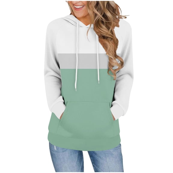 HAiming Color Block Hooded Sweatshirt for Women Casaul Long Sleeve Pullover Tops Hoodies with Pocket