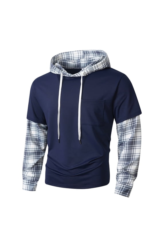 Color Block Hoodies for Men Plaid Patchwork Loose Pullover Hooded Sweatshirt Casaul Tops with Pocket