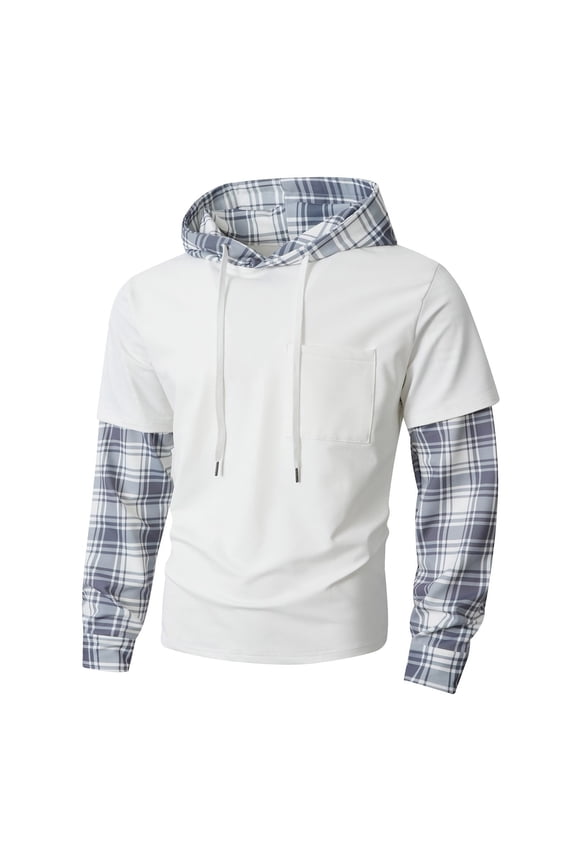 Color Block Hoodies for Men Plaid Patchwork Loose Pullover Hooded Sweatshirt Casaul Tops with Pocket