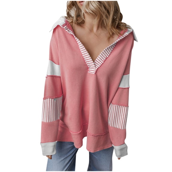 HAiming Color Block Pullover Tops Casual V Neck Lapel Collar Long Sleeve Shirt Fall Winter Trendy Clothes