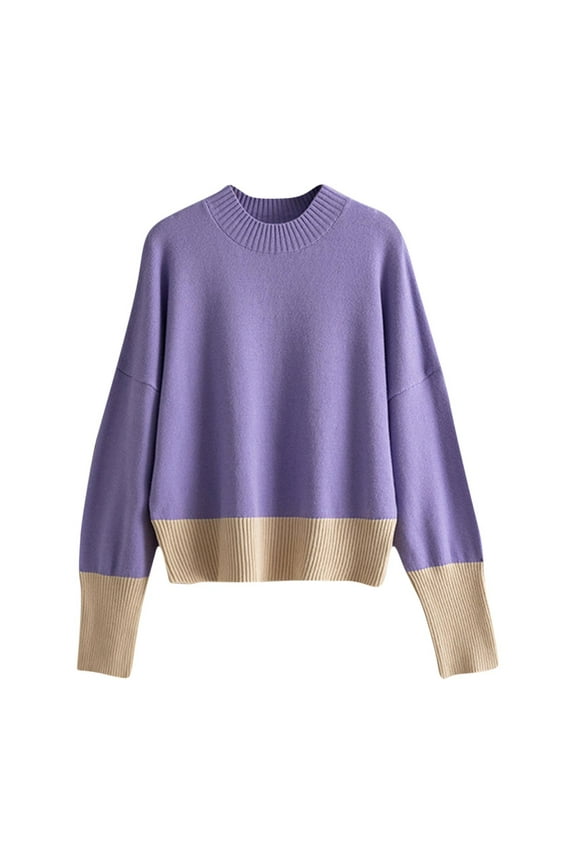Color Block Sweater for Women Cotton Knitted Tops Oversized Pullover Casual Loose Long Sleeve Crew Neck Blouse
