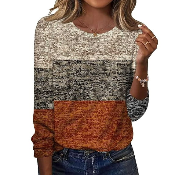 HAiming Color Block Tops for Women Casual Long Sleeve Round Neck Pullover Tunic Blouse Trendy Clothes