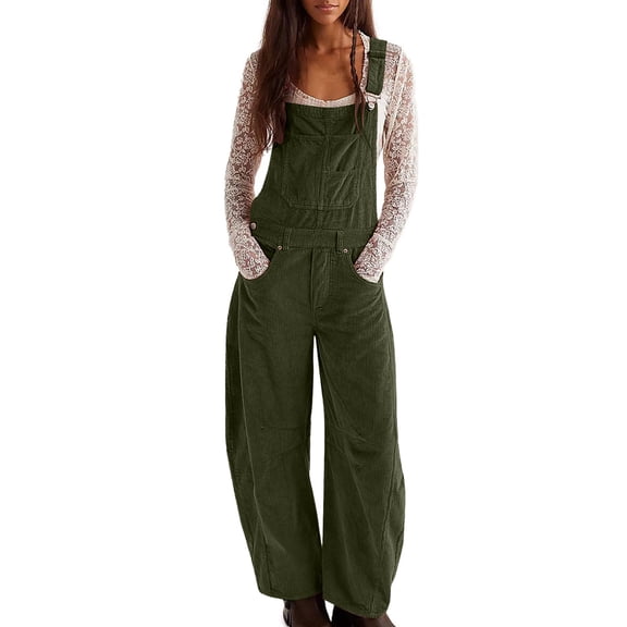 HAiming Corduroy Overalls for Women Casual Wide Leg Pants Trendy Loose Adjustable Romper Jumpsuit with Pockets
