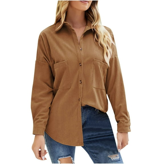HAiming Corduroy Shirts for Women Solid Long Sleeve V-Neck Button down Cardigan Blouse Casual Loose Dressy Tops