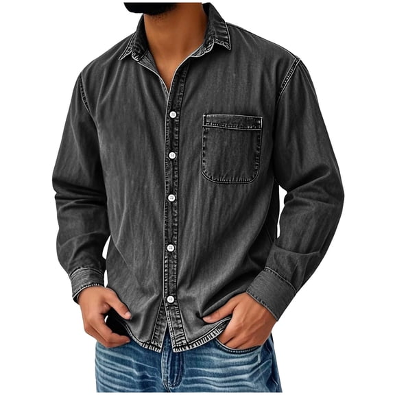 HAiming Cotton Denim Shirts for Men Lapel Button down Vintage Casual Long Sleeve Shirt Trendy Loose Tees