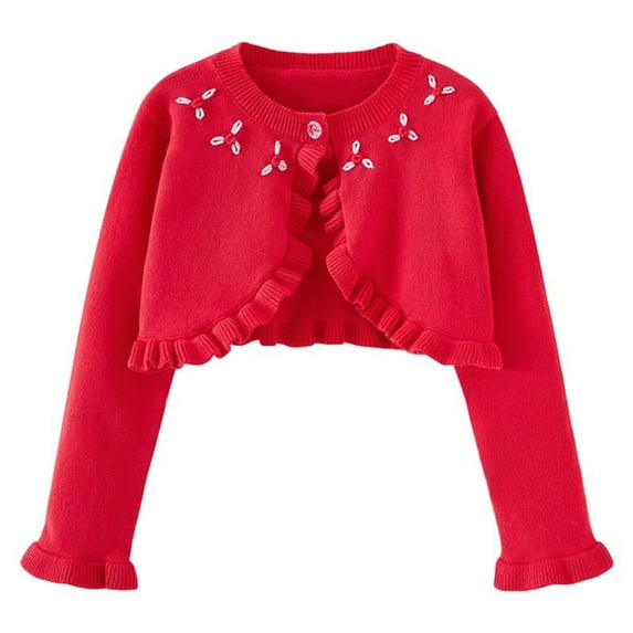 HAiming Cotton Girls Knit Cardigan Sweater Long Sleeve Flower Embroidery Solid Color Open Front Dress Cropped Cover Up