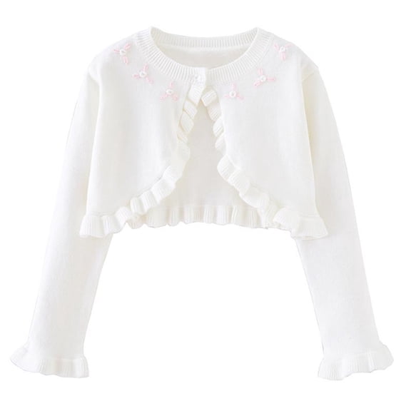 HAiming Cotton Girls Knit Cardigan Sweater Long Sleeve Flower Embroidery Solid Color Open Front Dress Cropped Cover Up