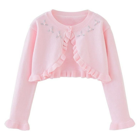 HAiming Cotton Girls Knit Cardigan Sweater Long Sleeve Flower Embroidery Solid Color Open Front Dress Cropped Cover Up