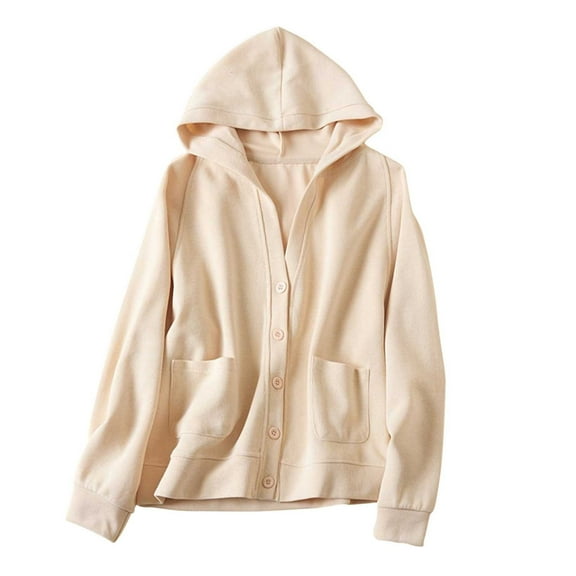 HAiming Cotton Hooded Cardigan for Women Casual Button down V Neck Long Sleeve Jacket Outerwear Coat