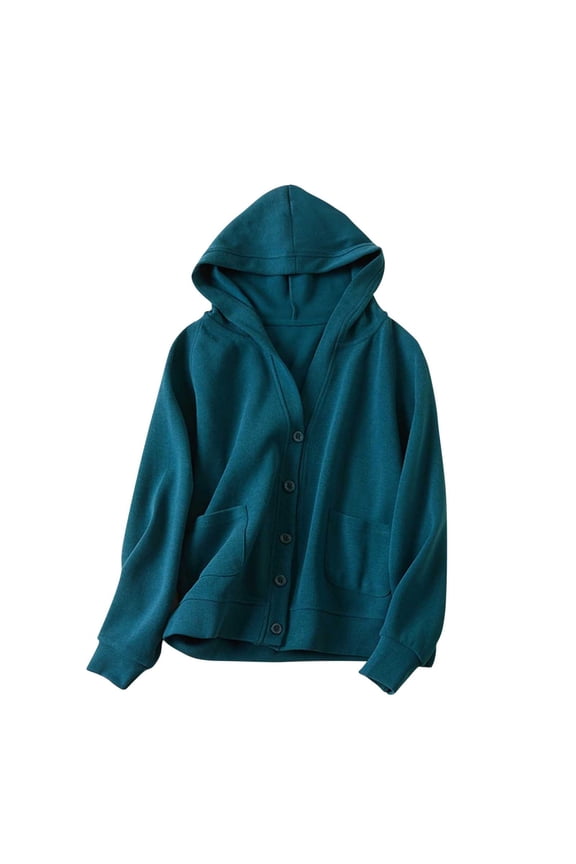 Cotton Hooded Cardigan for Women Casual Button down V Neck Long Sleeve Jacket Outerwear Coat