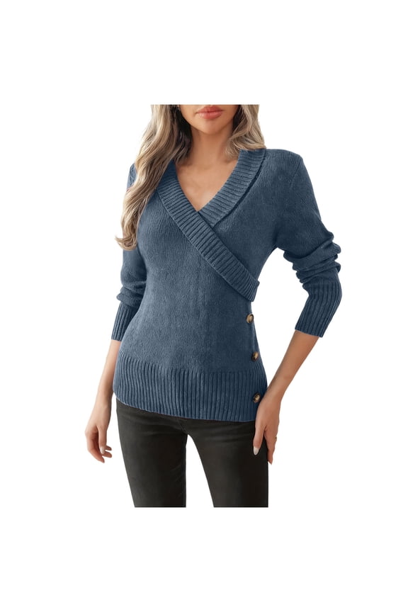 Cotton Knitted Sweater for Women V Neck Lapel Button Long Sleeve Slim Fitted Ribbed Pullover Tops