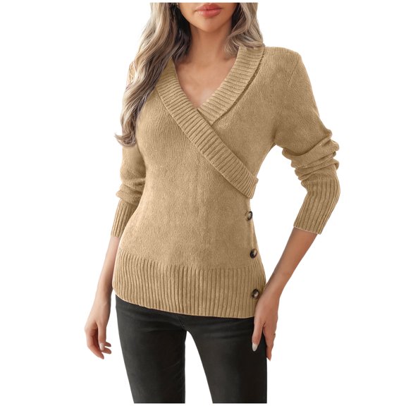 HAiming Cotton Knitted Sweater for Women V Neck Lapel Button Long Sleeve Slim Fitted Ribbed Pullover Tops