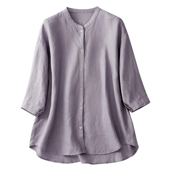 HAiming Cotton Linen 3/4 Sleeve Shirts for Women Button down Dressy Casual Loose Tops Solid Color Blouse