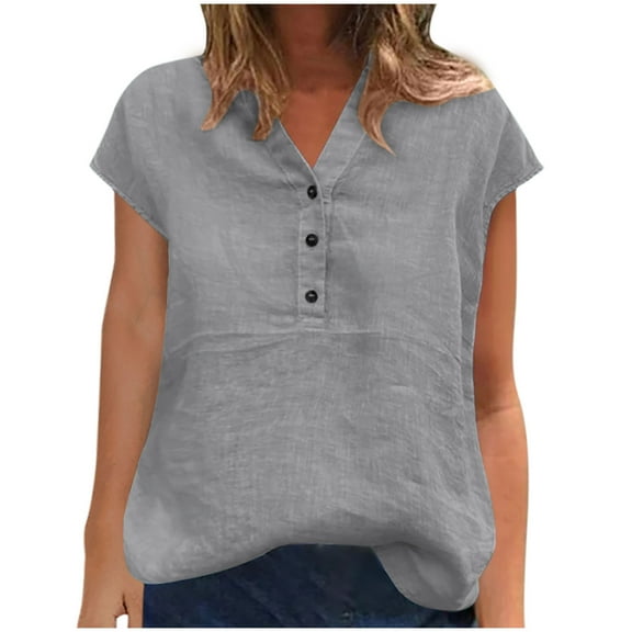 HAiming Cotton Linen Cap Sleeve Shirts for Women V Neck Button Blouses Solid Color Casual Tops