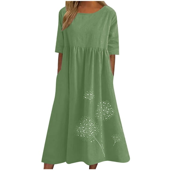 HAiming Cotton Linen Dress for Women 2025 Casual Plus Size Summer Midi Dress Boho Printed Loose Pleated Long Dresses