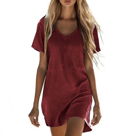 HAiming Cotton Linen Dresses for Women Comfy Casual V Neck Short Sleeve Solid Color Classic Midi Sundress Summer Vacation Dress