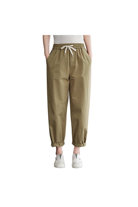 Cotton Linen Pants for Women High Waist Wide Leg Pants Drawstring Elastic Waist Trouser with Pockets