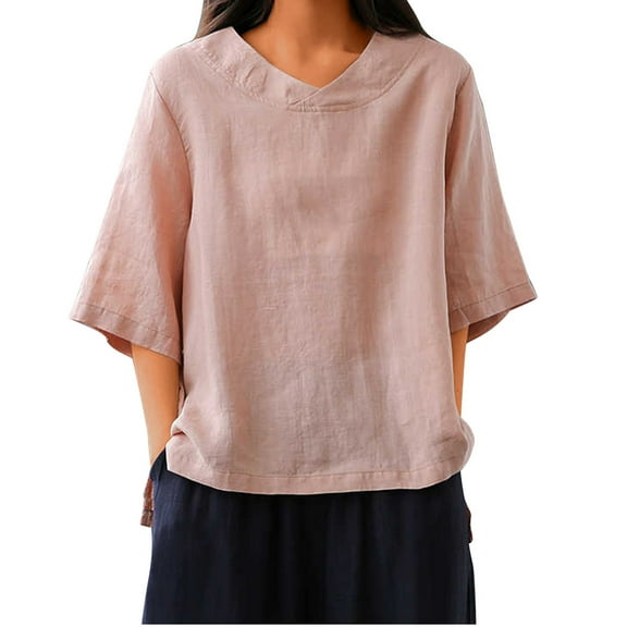 HAiming Cotton Linen Plus Size Tops Casual 3/4 Sleeve V Neck Loose Pullover Shirt Solid Color Loose Blouse