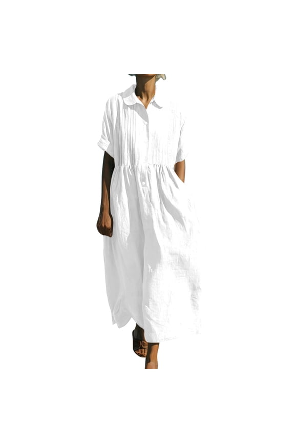 Cotton Linen Shirt Dress for Women Short Sleeve Button down Flowy Pleated Front Lapel Casual Maxi Dress