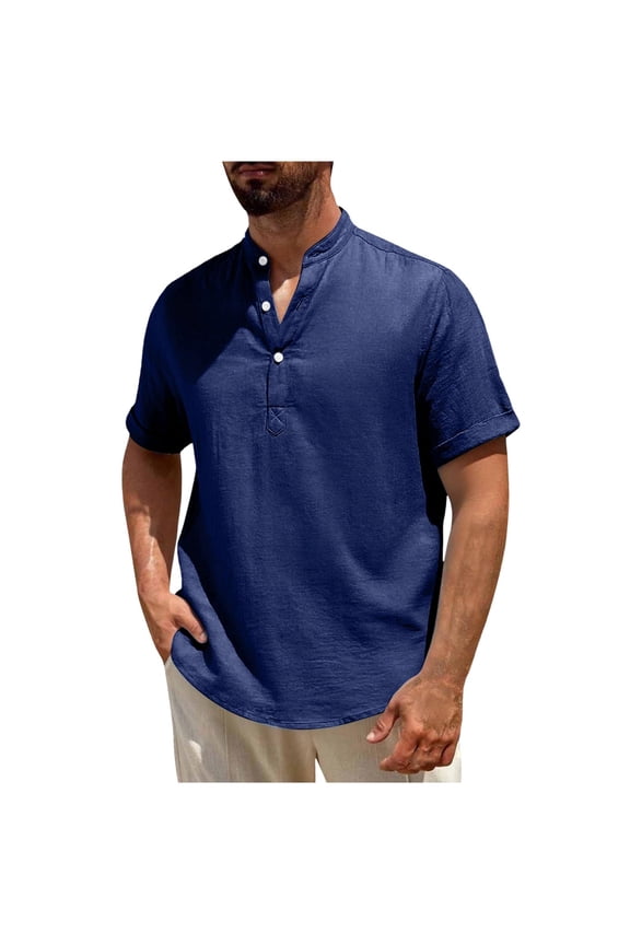 Cotton Linen Shirts for Men Short Sleeve V Neck Breathable Casual Beach Holidays Trendy Tops