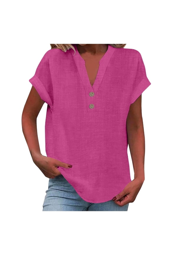 Cotton Linen Shirts for Women Summer Casual Cap Sleeve Button V Neck Tops Comfy Loose Solid Work Plain Blouses