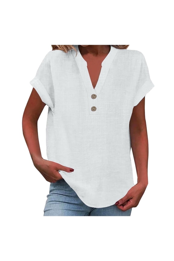 Cotton Linen Shirts for Women Summer Casual Cap Sleeve Button V Neck Tops Comfy Loose Solid Work Plain Blouses