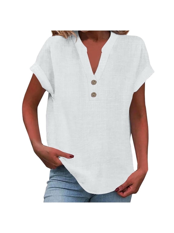 Cotton Linen Shirts for Women Summer Casual Cap Sleeve Button V Neck Tops Comfy Loose Solid Work Plain Blouses