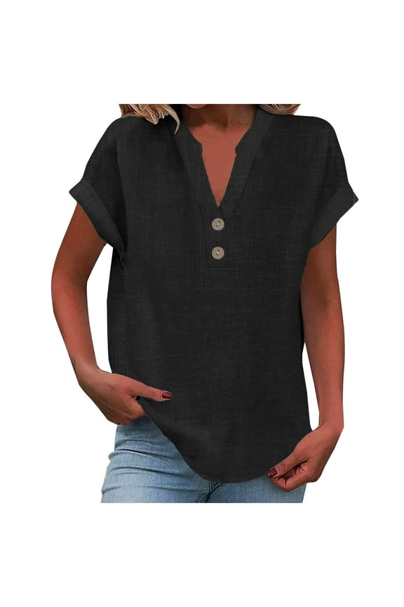 Cotton Linen Shirts for Women Summer Casual Cap Sleeve Button V Neck Tops Comfy Loose Solid Work Plain Blouses