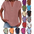 thumbnail image 1 of HAiming Cotton Linen Shirts for Women Summer Casual Cap Sleeve Button V Neck Tops Comfy Loose Solid Work Plain Blouses, 1 of 6