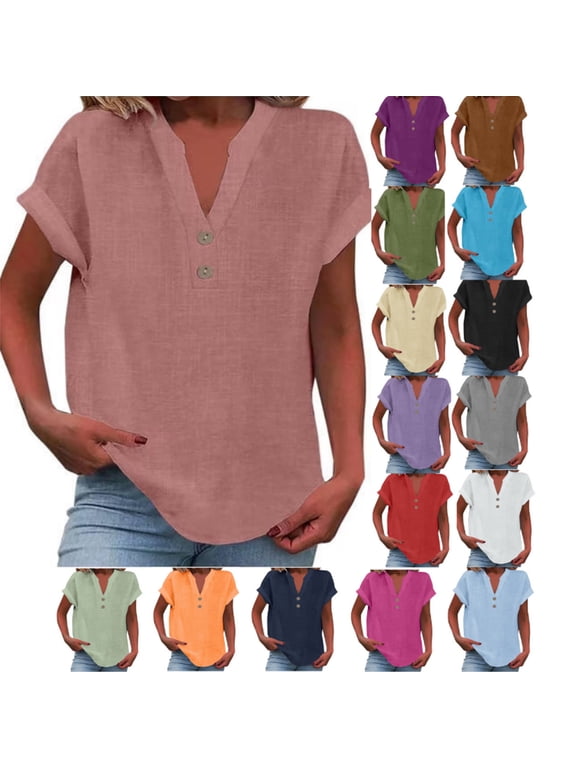 Cotton Linen Shirts for Women Summer Casual Cap Sleeve Button V Neck Tops Comfy Loose Solid Work Plain Blouses