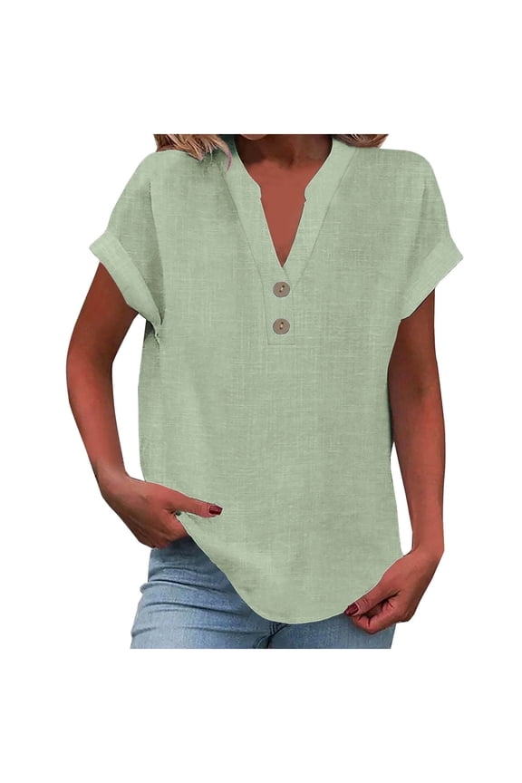 Cotton Linen Shirts for Women Summer Casual Cap Sleeve Button V Neck Tops Comfy Loose Solid Work Plain Blouses